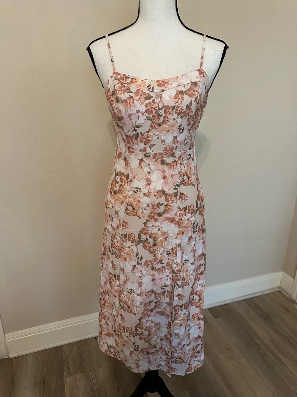 Altar'd State Pink and Tan Floral Slip Midi Dress